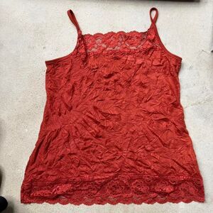 Y2K Burnt Orange Red Crinkle Lace Trim Cami Camisole